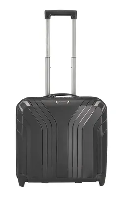 A black rolling suitcase with a telescopic handle is shown against a white background.