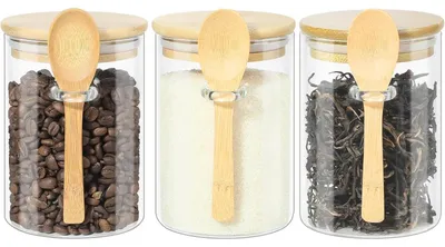 Produktbild von Glasbehälter mit Deckel und Löffel, 3er Set, 600 ml, Luftdicht, Bambusdeckel