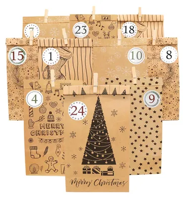 DIY Adventskalender 24 Tüten, Holzklammern, Sticker, 23,5x12 cm