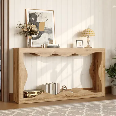 Immagine prodotto di MODFU, tavolino consolle con finitura effetto legno naturale, tavolino per l'ingresso con ripiano aperto a due livelli, tavolino decorativo con bordo ondulato