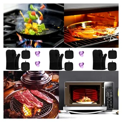 Produktbild von Ofenhandschuhe und Topfhandschuhe 6er Set, Kochhandschuhe mit rutschfester Hitzebeständigkeit bis 300°C (Schwarz)