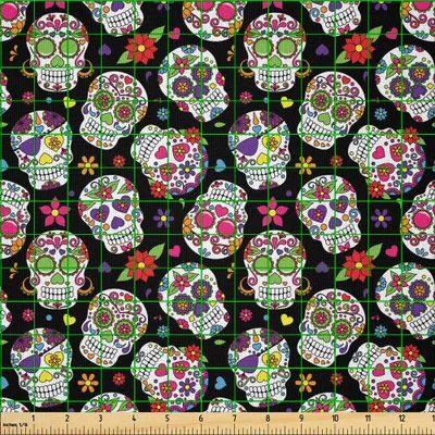 Produktbild von ABAKUHAUS Zuckerschädel Microfaser Stoff als Meterware , Allerseelen Tagesblumenbunte Schädel Blumen auf dunklem Hintergrund Druck, 1 M (230 x 100 cm), Mehrfarbig