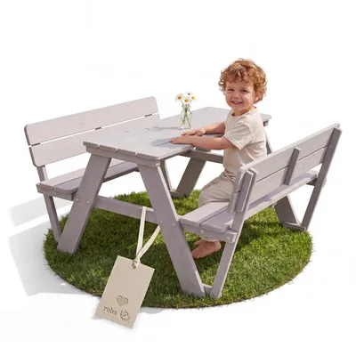 Produktbild von roba Kinder Outdoor+ Sitzgruppe 'Picknick for 4' mit Rückenlehnen, wetterfest aus Massivholz, grau