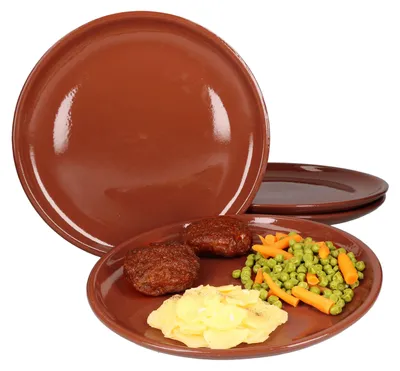 A set of brown ceramic plates, one with food (meat patties, peas, carrots, and mashed potatoes).
