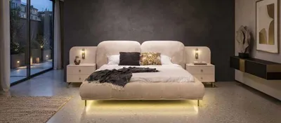 Obrázek produktu pro Ložnicová sada, béžová postel s nočními stolky, moderní design, elegantní styl