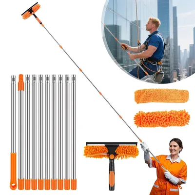 Image de Nettoyeur de vitres professionnel, raclette de douche 2en1 avec tige de rallonge, nettoyage de vitres télescopique, 180° Set de nettoyage de vitres professionnel pour fenêtres hautes
