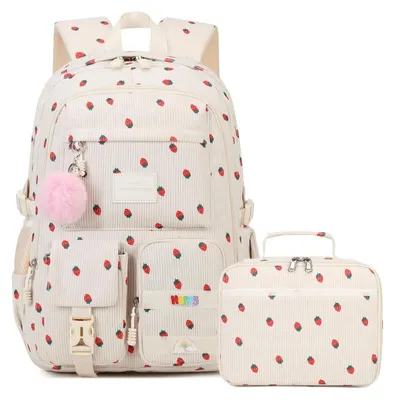 Productafbeelding van Rugtas voor meisjes, corduroy, aardbeienprint, afmetingen 46 x 30 x 15 cm
