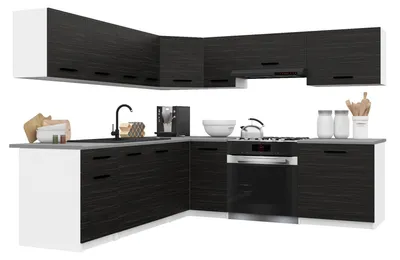 Image de Belini - Coin cuisine moderne ITALIA 7 - Meubles de cuisine 420 cm, couleur ébène - Cuisine équipée avec éléments hauts, éléments bas et plans de travail
