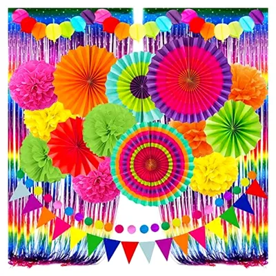 Produktbild von Papierfächer und Partydekoration Set, bunte Pom Poms und Wimpelgirlande für Feste