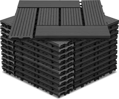 Produktbild von Izrielar WPC Terrassenfliesen 6 m², 30 x 30 cm 66 Stücke, Terrassendielen mit 6 Latten in Holzoptik, für Garten Balkon Bodenbelag mit Drainage und Klicksystem, Anthrazit
