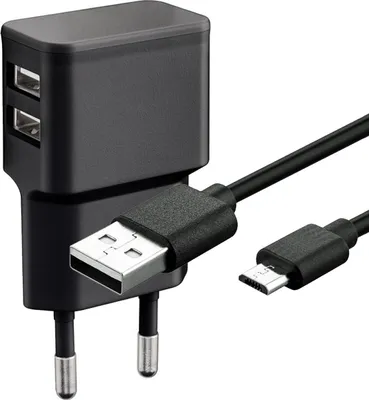 Produktbild von Dual Ladeset 2,4 A, Netzteil mit 2x USB-Ausgang inklusive USB-Ladekabel, schwarz Micro-USB