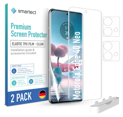 The image shows the packaging of a screen protector for a Motorola Edge 40 Neo phone. The packaging includes the screen protector itself, a phone displaying a wallpaper, and two camera lens protectors.