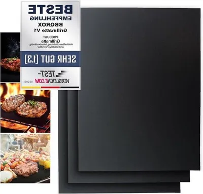Produktbild von Grillmatten mit vergleichsbarer Gewinner Antihaftbeschichtung wiederverwendbar Holzkohlegrill Gasgrill Elektrogrill für Fleisch Fisch (Set von 3 50 x 40 cm 300 Grad Celsius) schwarz mit en Rezeptenbuch Grillset