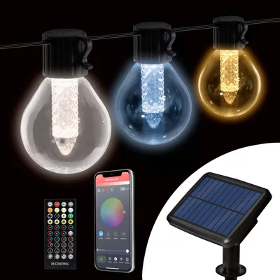 Produktbild von Intelligente Solar-Lichterkette – 15 LEDs – Einstellbare Farbtemperatur – 7,5 m – Mit Bluetooth-App und Fernbedienung – Solarbetrieben und per USB aufladbar – Für Garten, Terrasse und Außenbeleuchtung [11743]