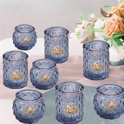 12 blaue Glas-Teelichthalter, Votivkerzenhalter, 2 Designs
