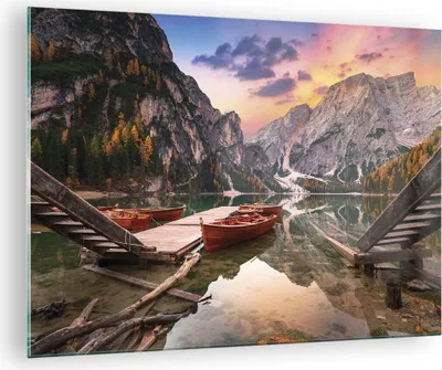 Produktbild von Bilder auf glas - Einteilig - Boote Berge See - 70x50cm - Glasbilder - Wandbilder - Bilder - zum Aufhängen bereit - Wanddekoration aus Glas - Glas Bilder - Wandbild auf Glas - GAA70x50-4638