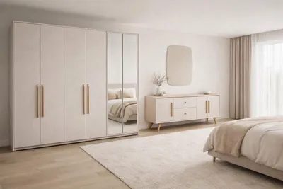 Immagine prodotto di Set completo per camera da letto composto da: armadio grande, consolle in legno bianco e specchio