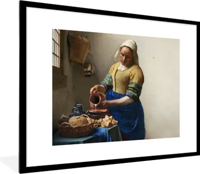 Produktbild von MuchoWow® Gerahmtes Poster Das Milchmädchen - Kunst - Alte Meister - Vermeer 80x60 cm - Poster mit Schwarzem Bilderrahmen Wandposter Rahmen Foto Bilder - Schlafzimmer-Dekorationen - Fotoposter