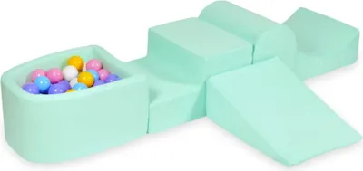 Produktbild von Schaumstoff-Spielset mit Hügel und Mikro-Bällepool – Minze mit Bällebadbällen 100 Stück / hellblau, gelb, meliert, puderrosa, weiß