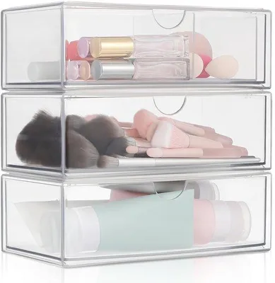 Obrázek produktu pro Uniqoos® Sada tří průhledných, stohovatelných akrylových úložných boxů s víkem – organizér na make-up a drobné doplňky