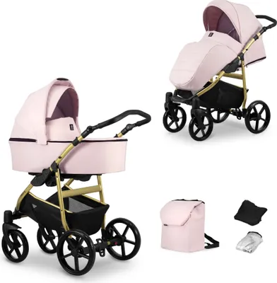 Produktbild von Kinderwagen MATA Sportwagen Babywagen Babyschale Komplettset Kinder Wagen Set 2 in 1 (rose, Rahmenfarbe: Gold)