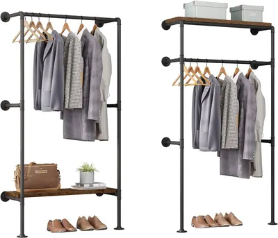 Two industrial-style clothing racks with shelves and hanging clothes, shoes, and accessories.