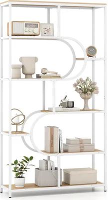 A multi-shelf bookcase filled with decorative items.