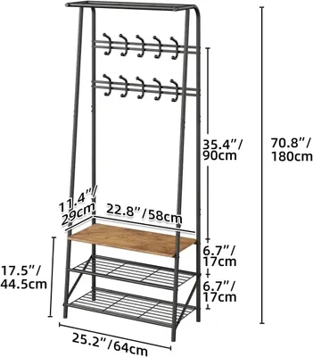 Image de Banc de rangement pour vêtements - Meuble d'entrée autoportant - 10 crochets - Rangement à chaussures et banc - Structure métallique et bois - Avec système de sécurité anti-basculement - Noir