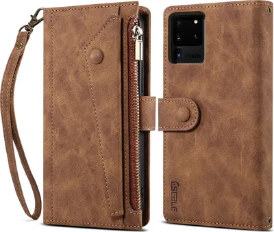 Produktbild von Schutzhülle für Samsung Galaxy S20 Ultra / S20 Ultra 5G Reißverschluss Hülle, Leder Klapphülle Kartenfach Standfunktion Brieftasche mit Trageband Braun