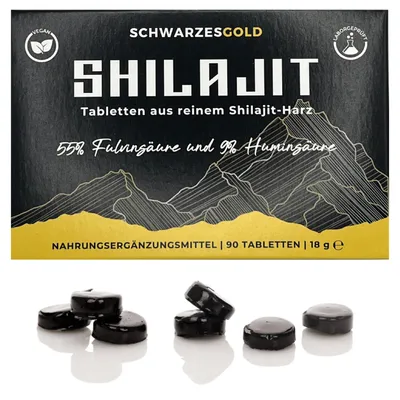 Produktbild von Original Shilajit Tabletten aus reinem Harz, labor in DE, 90 Stück, Shilajit Drops mit 55% Fulvinsäure und 9% Huminsäure