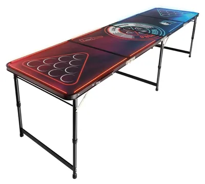 Produktbild von 2,4 Meter faltbarer Bierpong-Tisch, mit LED-Beleuchtung, zusammenklappbar, mit Tragegriffen und 6 Bierpong-Bällen, höhenverstellbar, leicht, ideal für Büro, Partys im Freien, Reisen und Camping