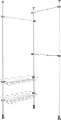 A white background with a white and gray adjustable telescopic wardrobe system.