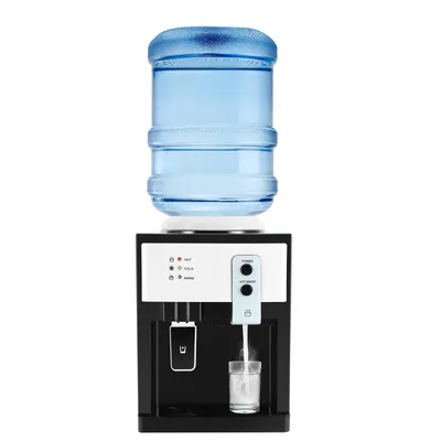 A water cooler dispenser with a full water bottle on top, dispensing water into a glass.