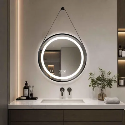 Obrázok produktu pre AIORBER LED, okrúhle zrkadlo do kúpeľne s osvetlením, proti zahmlievaniu, nástenné, dotykové ovládanie, stmívateľné, dekoratívne zrkadlo s pásikom, 70 cm, čierna farba