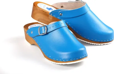 Produktbild von CLOGS Pantolette Sandalette Holz Leder Holzschuhe Holzclogs Damen Klotschen Blau 38