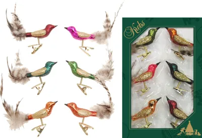 Produktbild von Krebs Glas Lauscha Weihnachtsbaumschmuck 6er Set - Minivögel auf Clip - als Herbstvögel - ca. 9cm - aus Glas