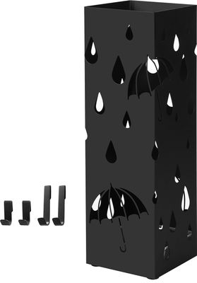 SONGMICS Ø 15,5 x49cm Schirmständer 2 Haken Metall Regenschirm Wasserauffangschale schwarz werdern verschenkt rechteckig LUC49B
