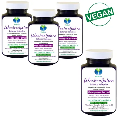 Produktbild von Wechseljahre Komplex Vegan 720 (4x180) Kapseln Menopause Formel für Frauen ab 40 - Rotklee, Salbei, Mönchspfeffer, Traubensilberkerze, Frauenmantel