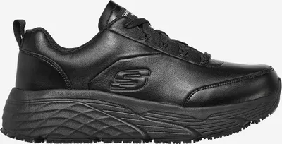 A side view of a black Skechers work shoe.