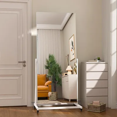 Immagine prodotto di Specchio a figura intera con rotelle, 165 x 61 cm, girevole a 360°, colore bianco