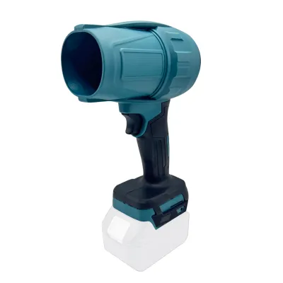 A teal and black leaf blower with a white battery pack against a white background.