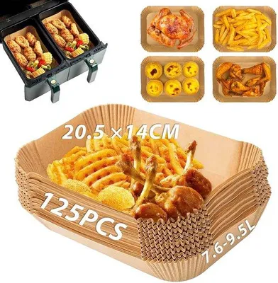 Obrázok produktu pre Papier na fritovanie pre fritézy Airfryer, rozmery 20,5 x 14 cm, 125 kusov, vodovzdorný, odolný voči oleju, papier na fritovanie pre fritézy s objemom 7,6–9,5 l, príslušenstvo pre fritézy Airfryer, kompatibilný s fritézami Ninja