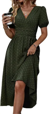Produktbild von Kleid für Damen mit V-Ausschnitt und kurzen Ärmeln, lässiges Sommerkleid in Militärgrün