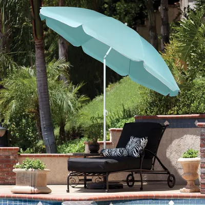 Produktbild von Sekey Sonnenschirm Hellblau Rund, Ø 160 cm, 195 cm Höhe, Stock Ø 19/22 mm, höhen- & neigungsverstellbar, mit Kurbel und Schutzhülle, für Terrasse, Garten, Strand, Polyester, Metall, 140 g/m², solides Rotationsgelenk