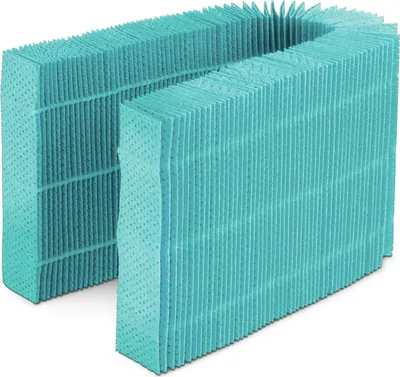 Two teal-colored air filters are shown in a studio shot.