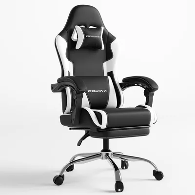 Obrázek produktu pro Herní židle s podnožkou a masážní bederní opěrkou. Ergonomická herní židle, pohodlné herní křeslo s opěrkou hlavy, černá a bílá