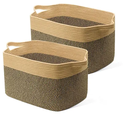 Produktbild von Faltbarer Wäschekorb 63L Baumwolle Geflochten Aufbewahrungskorb mit Henkel Jute & Schwarz 2 Stück