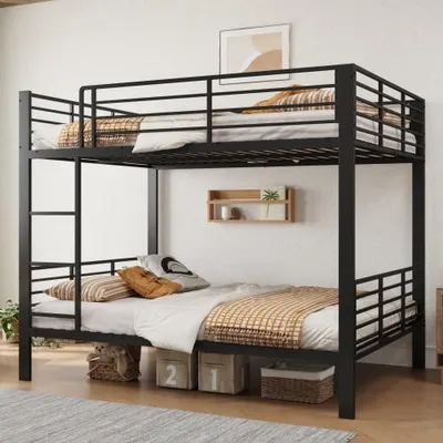 Produktbild von Massives Etagenbett 140x200 Metall, Doppelstockbett für Erwachsene, Extrem Stabil bis 400kg, Kein Quietschen, Ideal für WG & Ferienwohnung, Schwarz