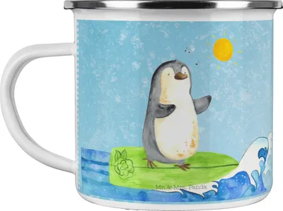 Produktbild von Mr. & Mrs. Panda emaillebecher Pinguin Surfer - Eisblau - Geschenk, Portugal, Urlaub, Teebecher, Hawaii, Teetasse, Emaille Tasse, Motiviert, Kaffeepott, Optimistisch
