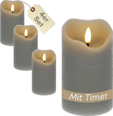 Produktbild von 4er Set LED Echtwachskerzen mit Timer Led Kerzen mit Timerfunktion und flackernde Flamme Led Echtwachs Stumpenkerzen flackernd 7,5 x 12,5 cm Grau